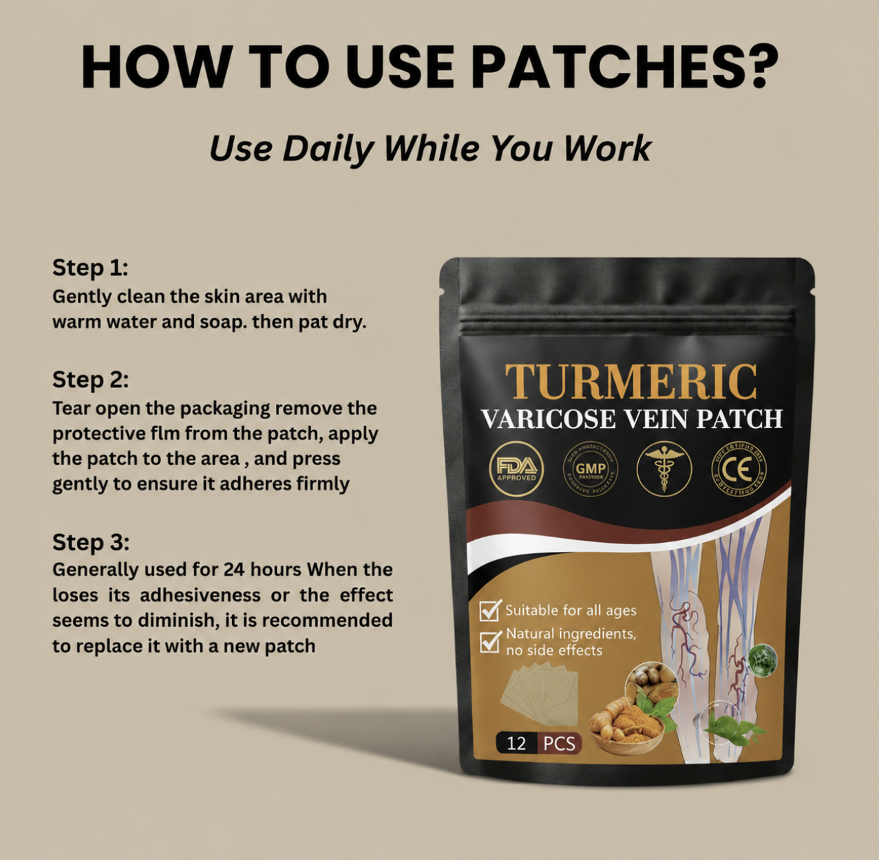 Turmeric Varicose Vein Patches | Natural Herbal Therapy for Swelling, Fatigue & Vein Health